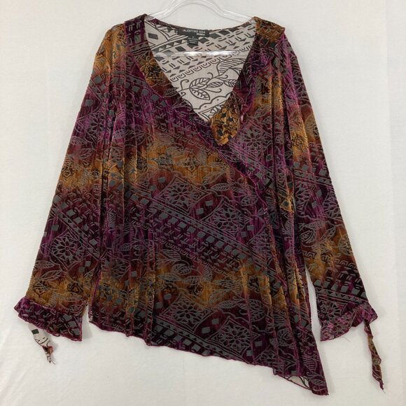 Valentine -USA 2X Multi Color Velvet Ruffle Boho Romantic Asymmetric Stretch Top - Picture 1 of 12